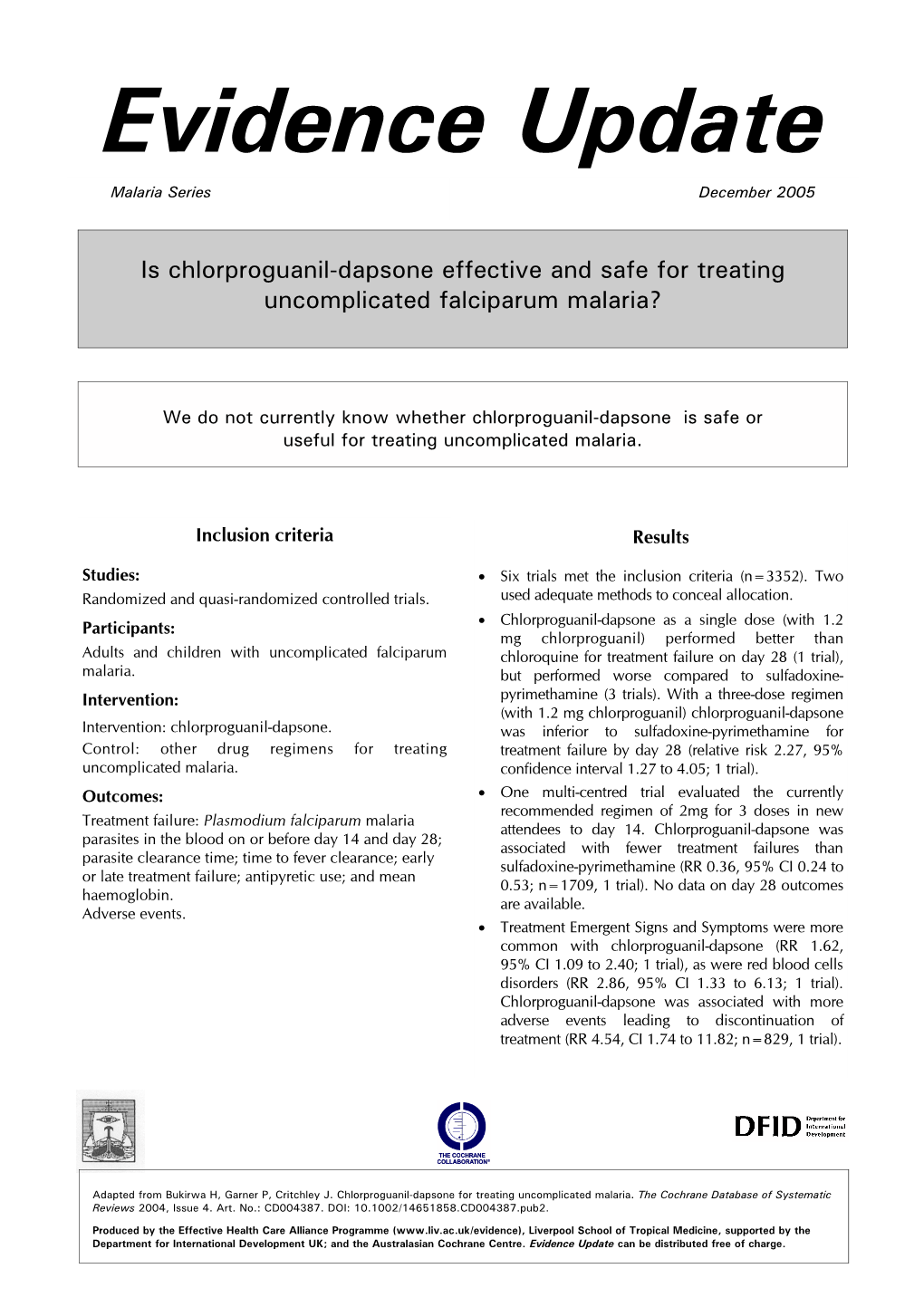 Evidence Update Malaria Series December 2005