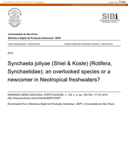 Rotifera, Synchaetidae): an Overlooked Species Or a Newcomer in Neotropical Freshwaters?