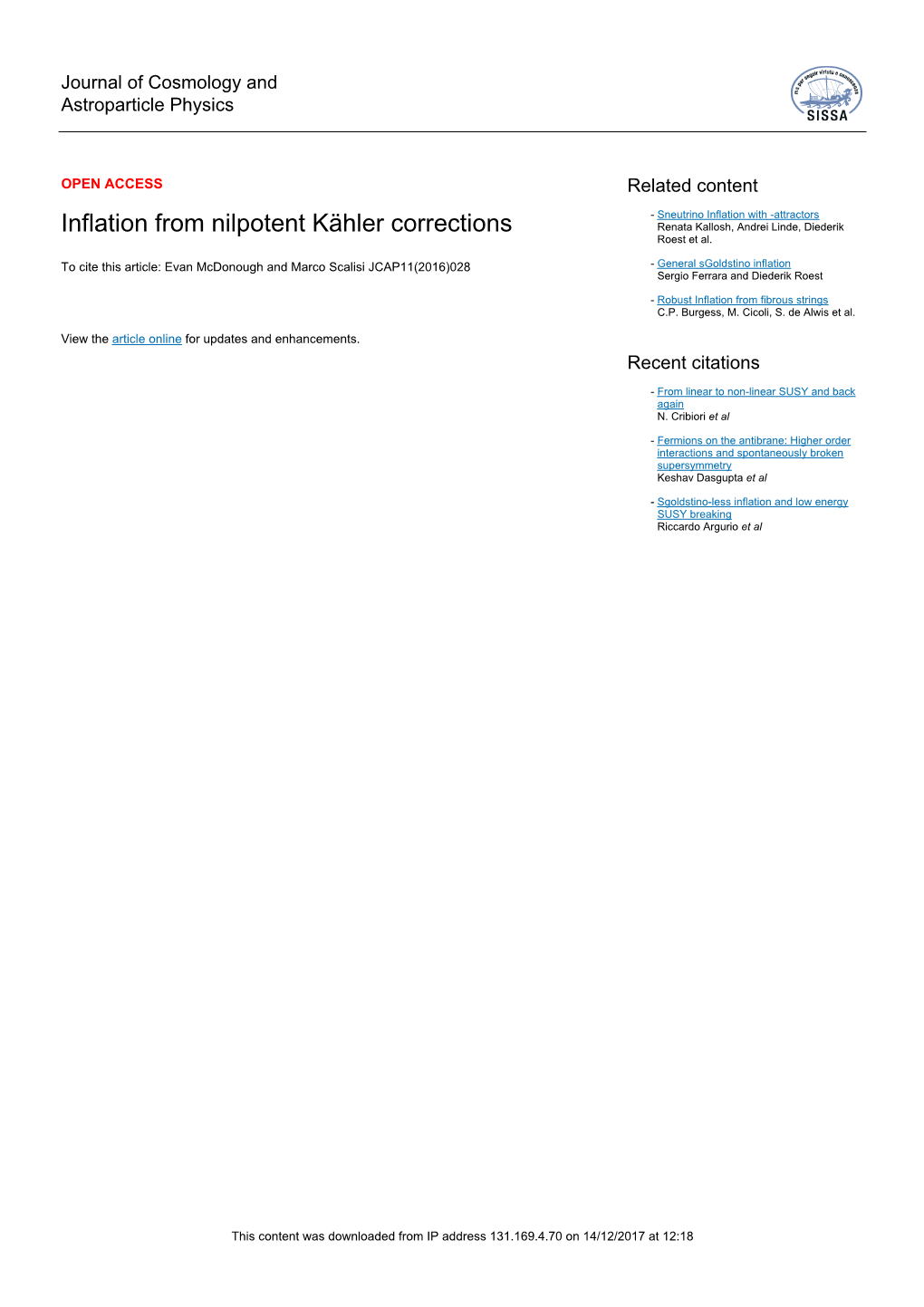 Inflation from Nilpotent Kähler Corrections Renata Kallosh, Andrei Linde, Diederik Roest Et Al