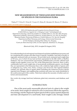 New Measurements of Thousand-Seed Weights of Species in the Pannonian Flora Introduction