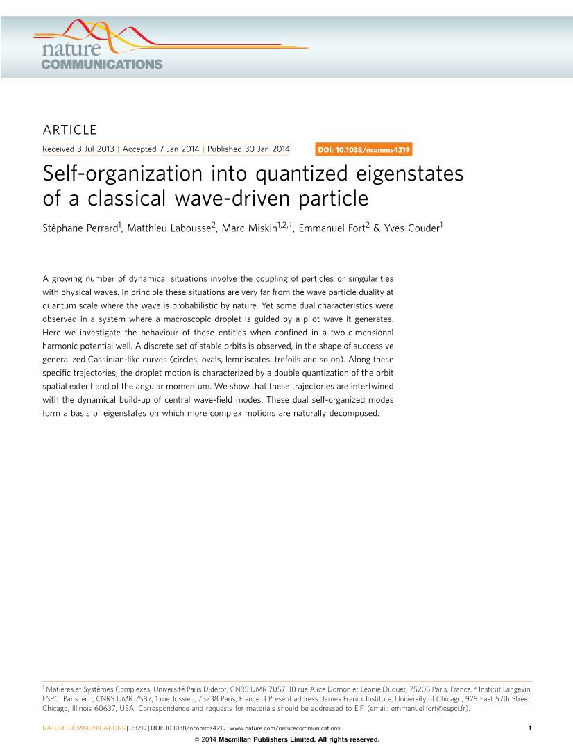 Self-Organization Into Quantized Eigenstates of a Classical Wave-Driven Particle