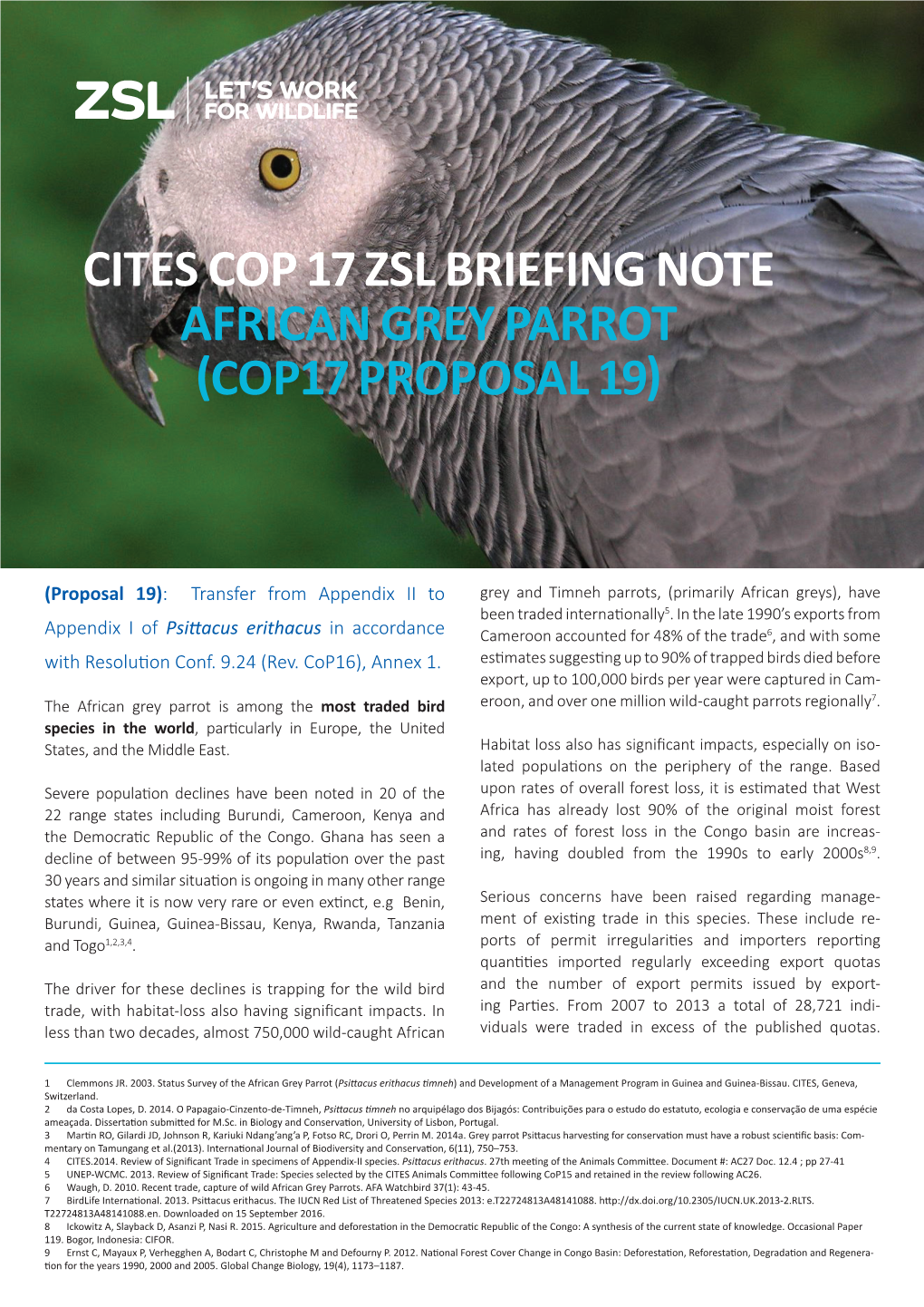 Cites Cop 17 Zsl Briefing Note African Grey Parrot (Cop17 Proposal 19)
