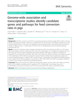 Genome-Wide Association and Transcriptome Studies Identify Candidate Genes and Pathways for Feed Conversion Ratio in Pigs