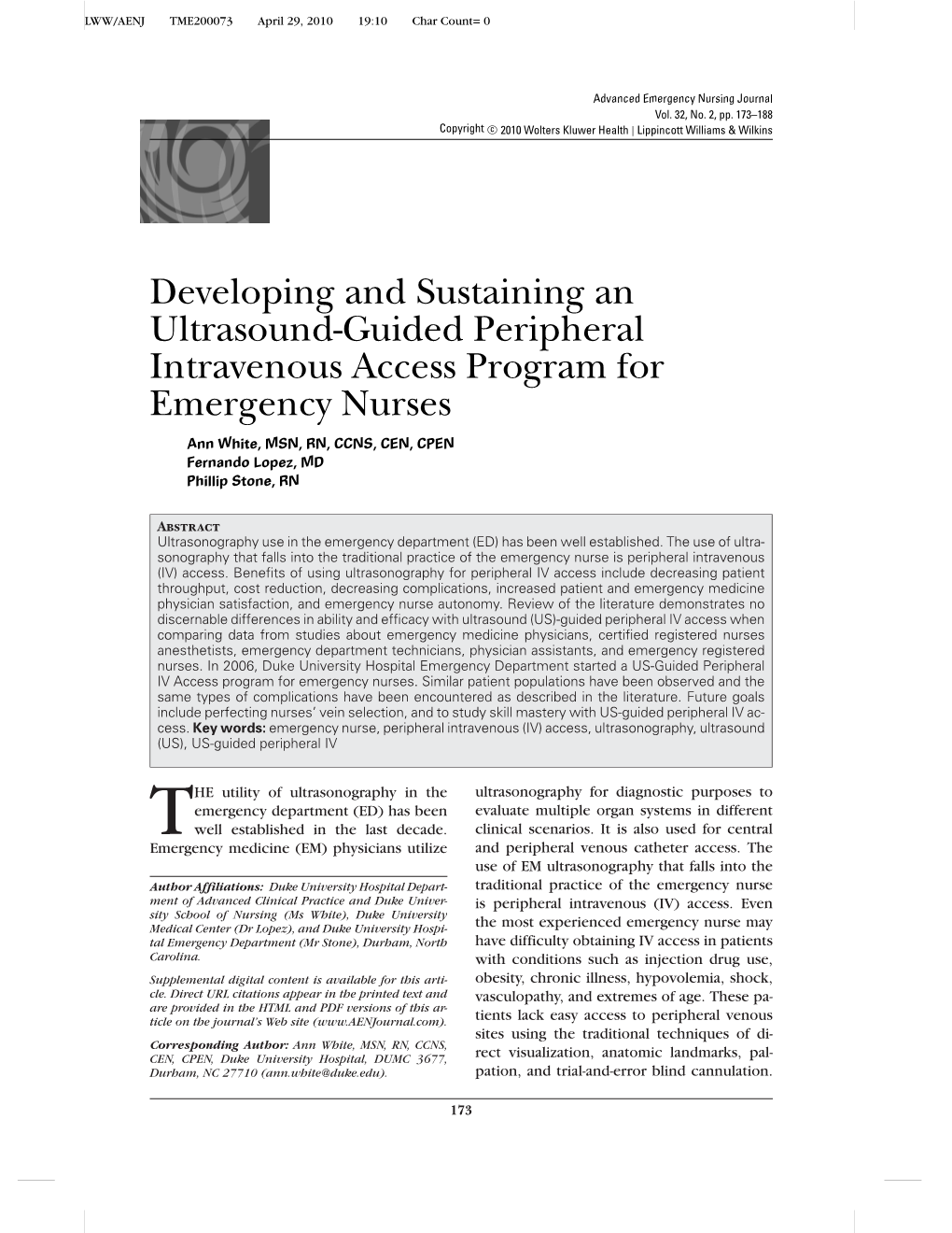 Developing and Sustaining an Ultrasound-Guided Peripheral