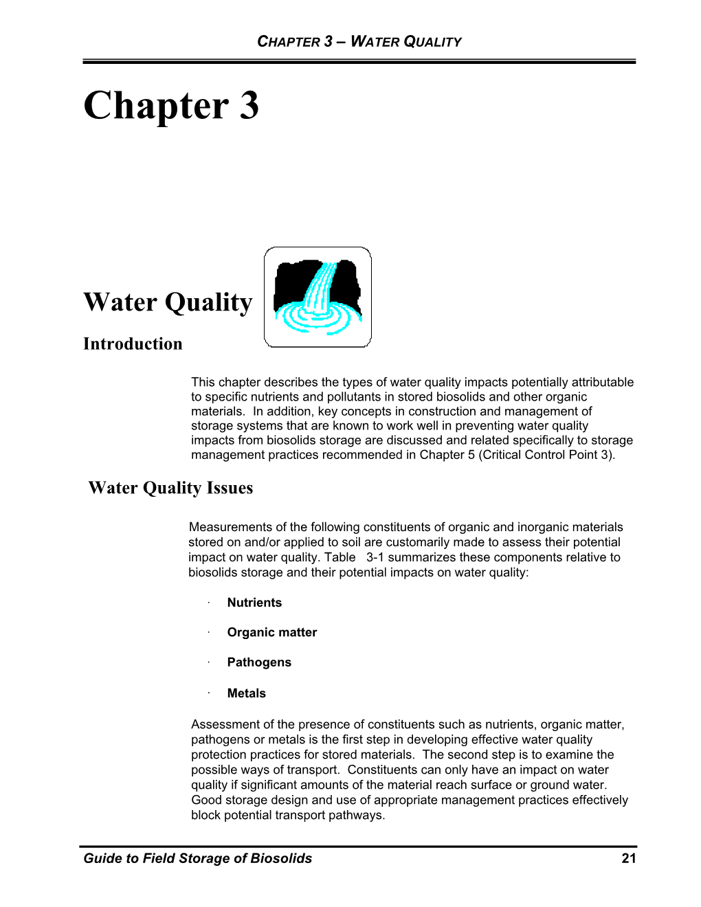 Guide to Field Storage of Biosolids 21 CHAPTER 3 – WATER QUALITY