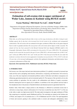 Estimation of Soil Erosion Risk in Upper Catchment of Wular Lake, Jammu & Kashmir Using RUSLE Model