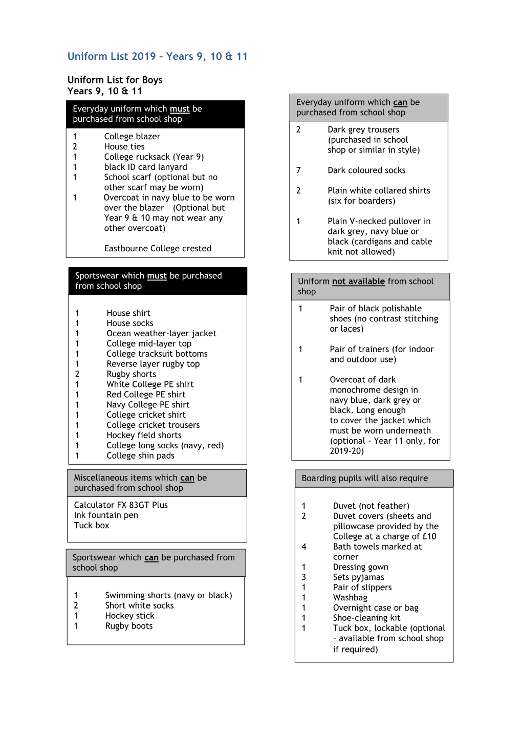 Uniform List 2019 – Years 9, 10 & 11