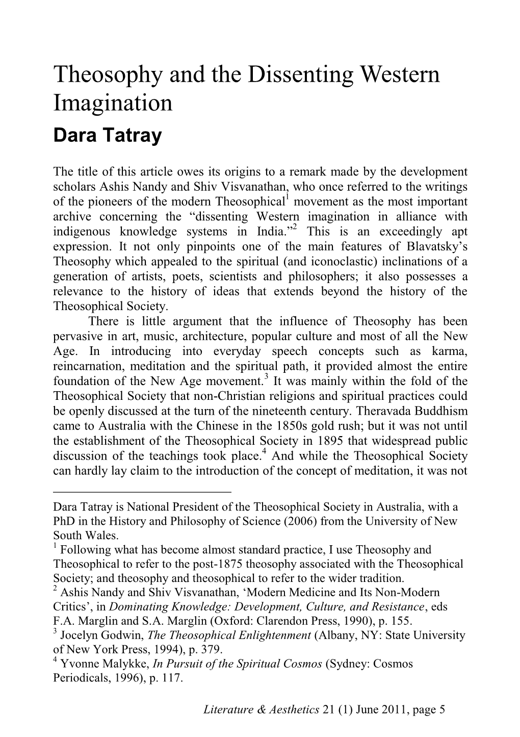 Theosophy and the Dissenting Western Imagination Dara Tatray