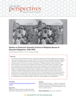 Kitchen As Classroom: Domestic Science in Philippine Bureau of Education Magazines, 1906-1932 by René Alexander Orquiza, Jr., Ph.D., Providence College