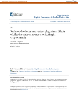 Sad Mood Reduces Inadvertent Plagiarism: Effects of Affective State on Source Monitoring in Cryptomnesia Amanda C