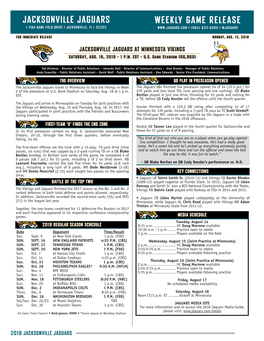 Jacksonville Jaguars Weekly Game Release 1 Tiaa Bank Field Drive | Jacksonville, Fl | 32202 | (904) 633-6000 | @Jaguars