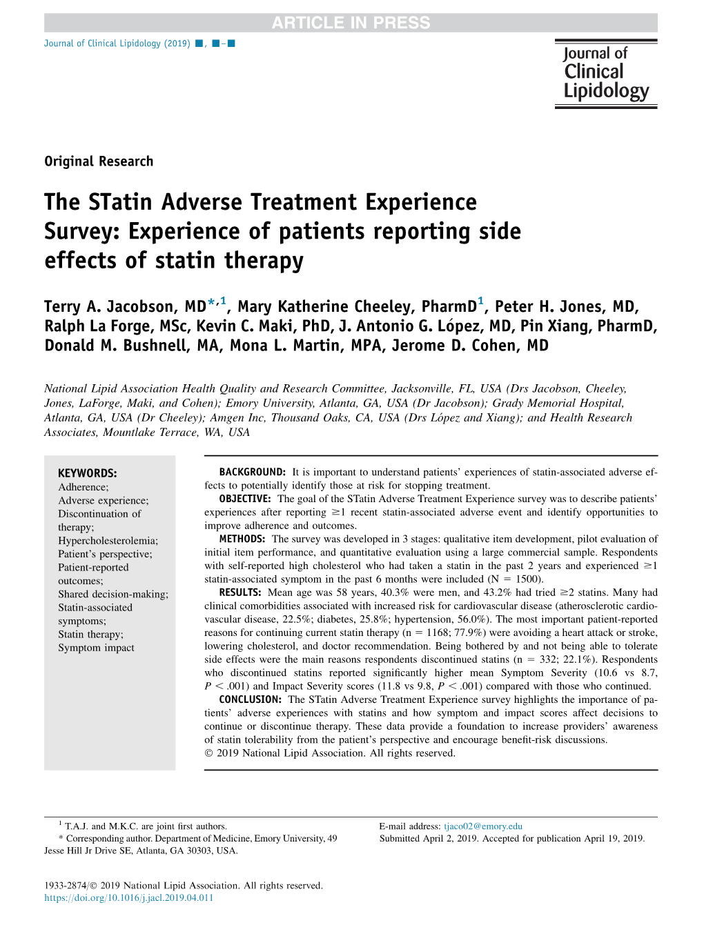 Experience of Patients Reporting Side Effects of Statin Therapy