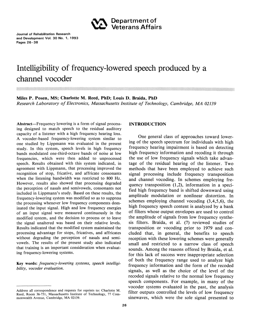 Intelligibility of Frequency-Lowered Speech Produced by a Channel Vocoder