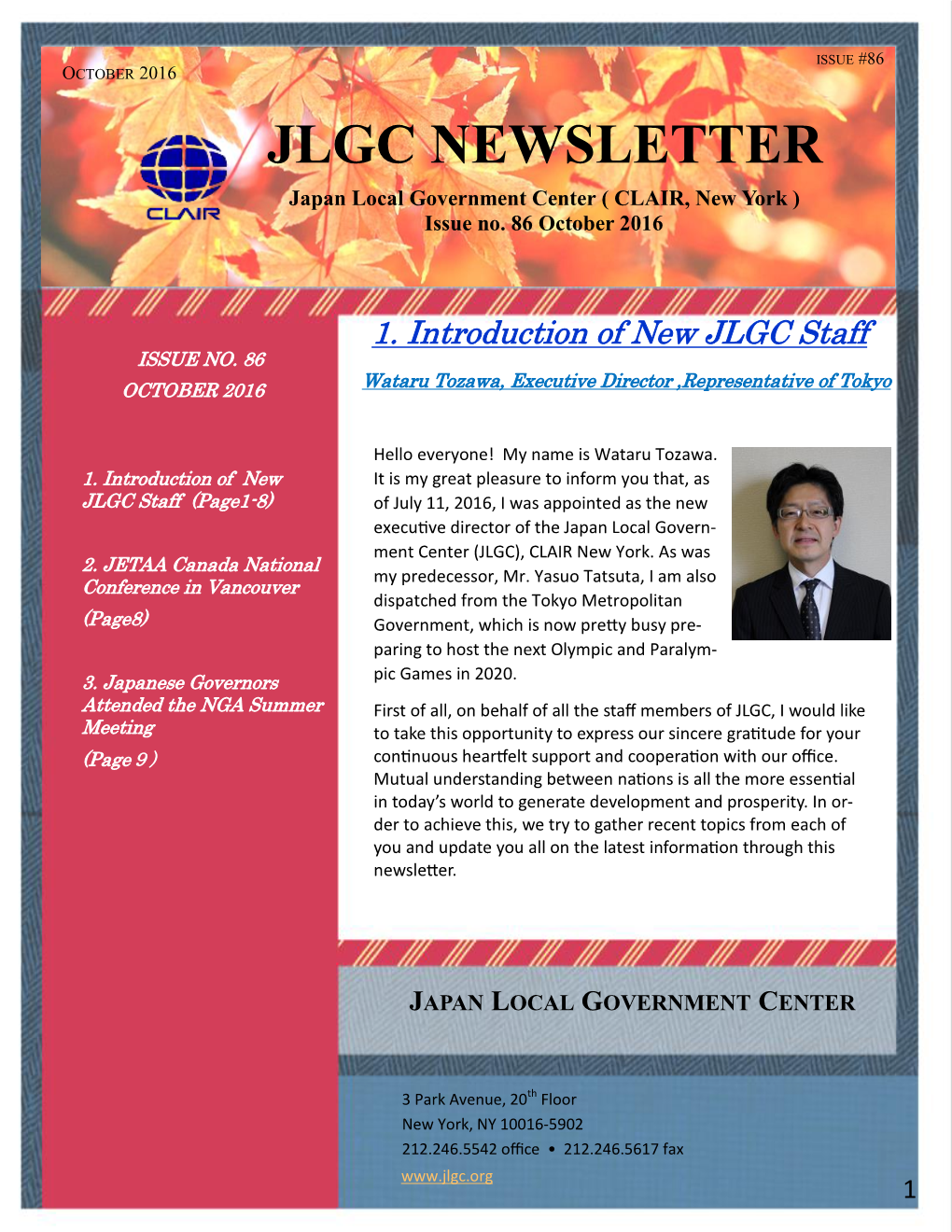 JLGC NEWSLETTER Japan Local Government Center ( CLAIR, New York ) Issue No