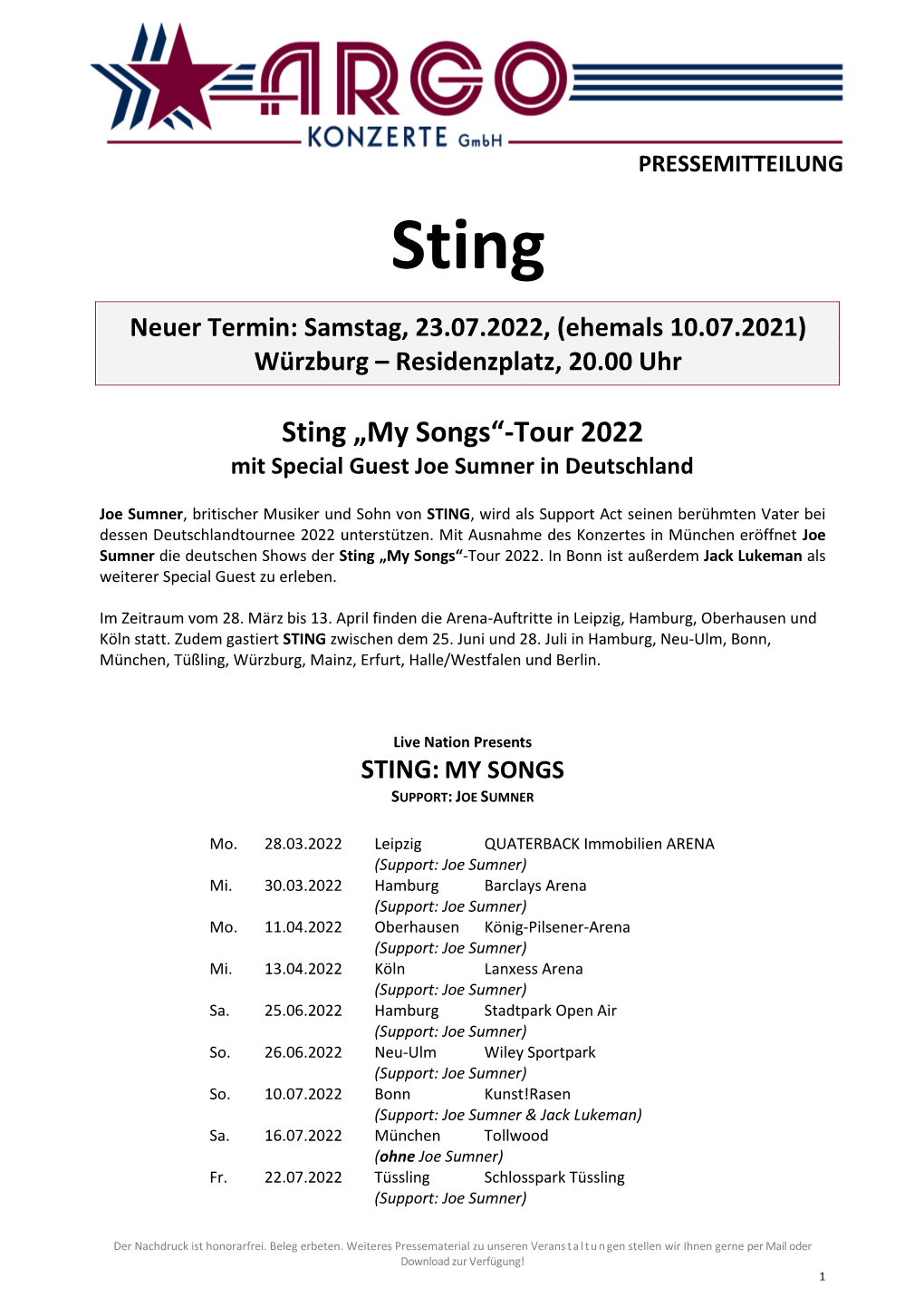 Sting „My Songs“-Tour 2022 Mit Special Guest Joe Sumner in Deutschland