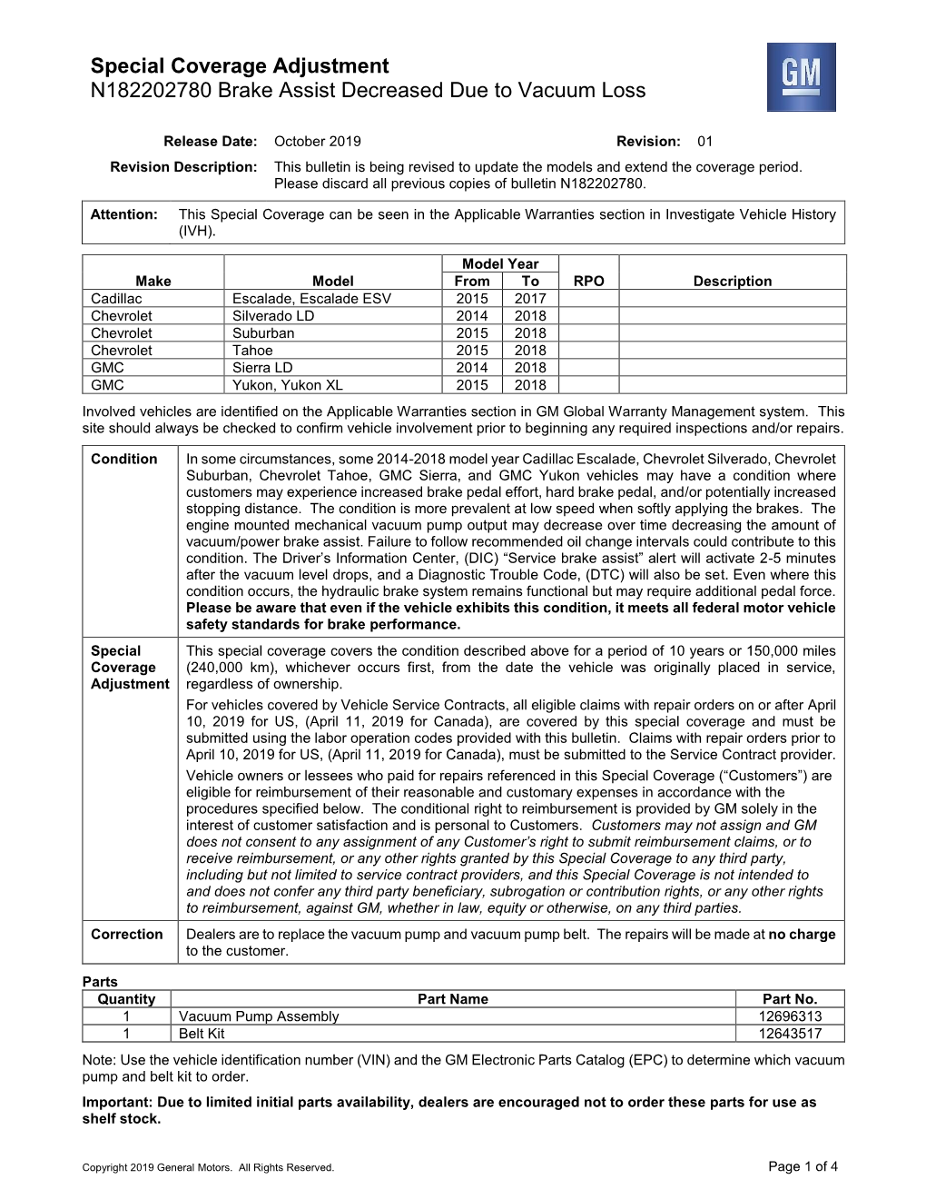 Special Coverage Adjustment N182202780 Brake Assist Decreased Due to Vacuum Loss