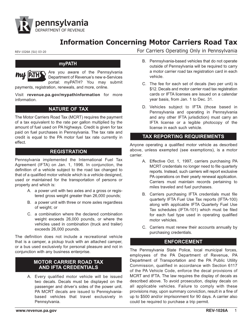 Information Concerning Motor Carriers Road Tax