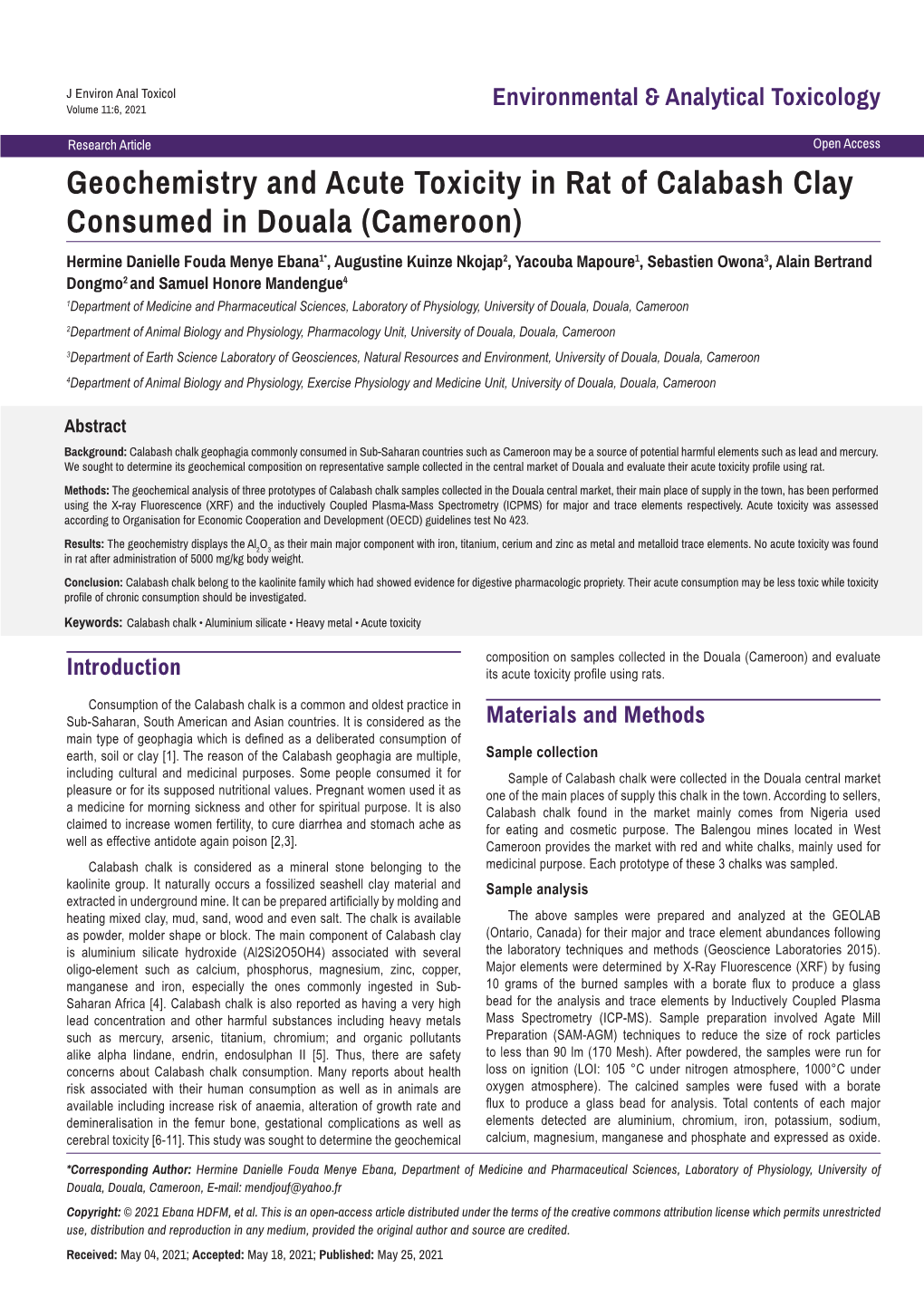 Geochemistry and Acute Toxicity in Rat Of