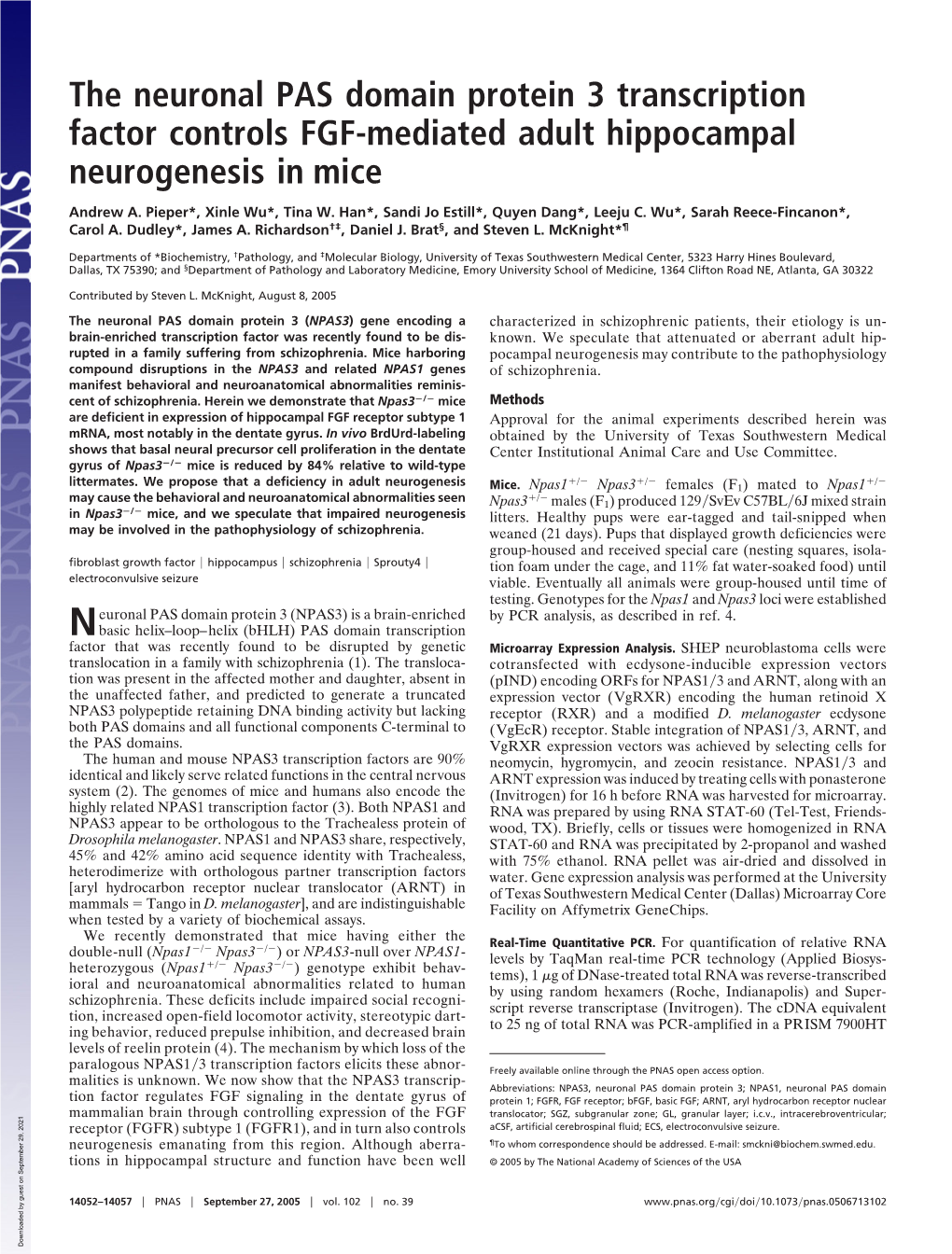 The Neuronal PAS Domain Protein 3 Transcription Factor Controls FGF-Mediated Adult Hippocampal Neurogenesis in Mice