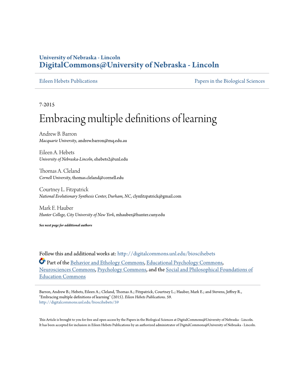 Embracing Multiple Definitions of Learning Andrew B