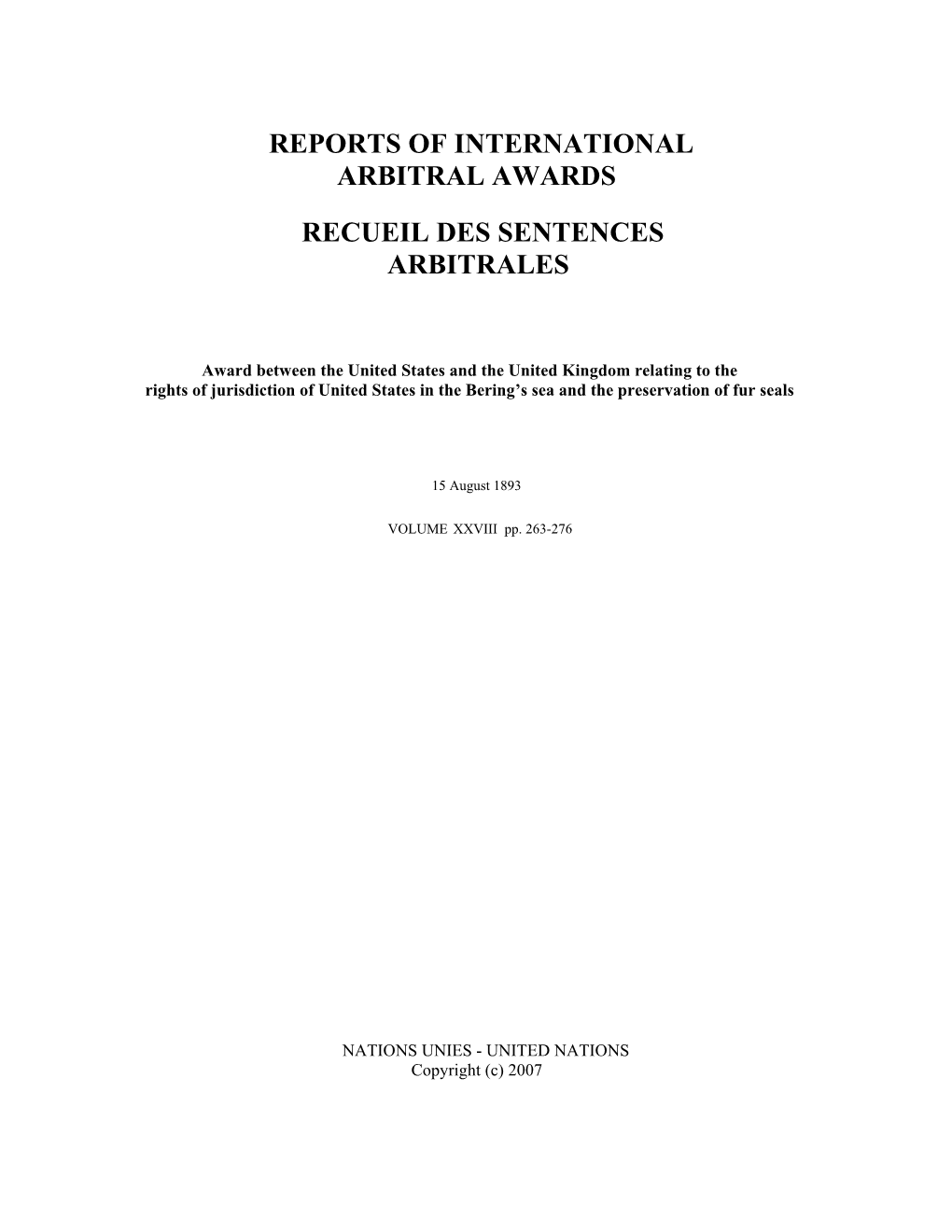 Reports of International Arbitral Awards Recueil Des Sentences Arbitrales