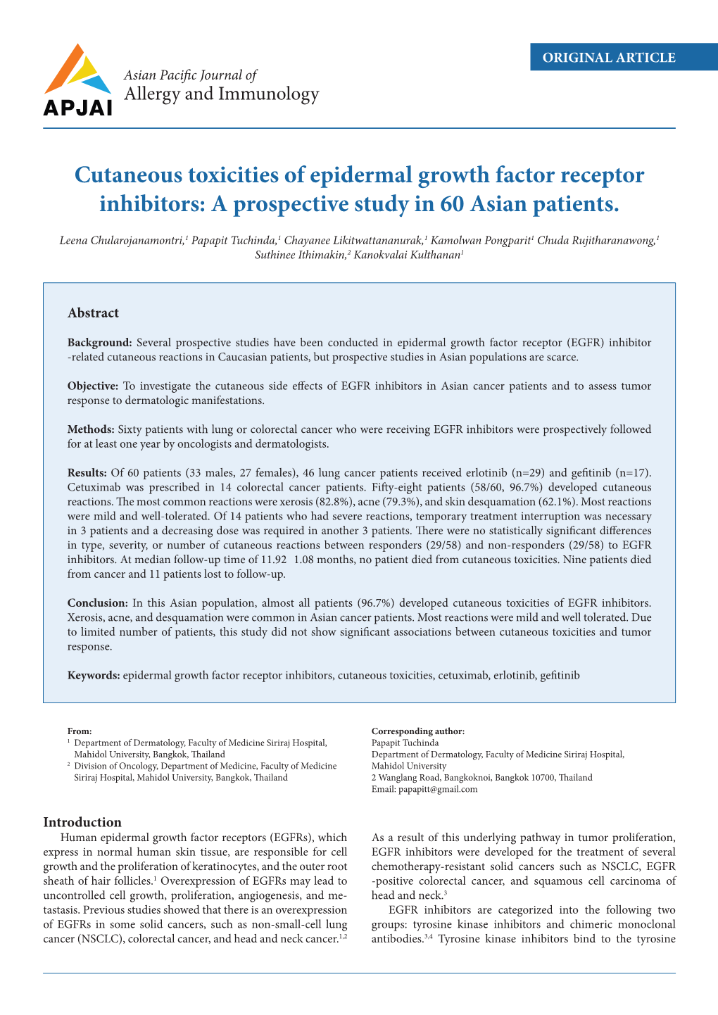 Cutaneous Toxicities of Epidermal Growth Factor Receptor Inhibitors: a Prospective Study in 60 Asian Patients