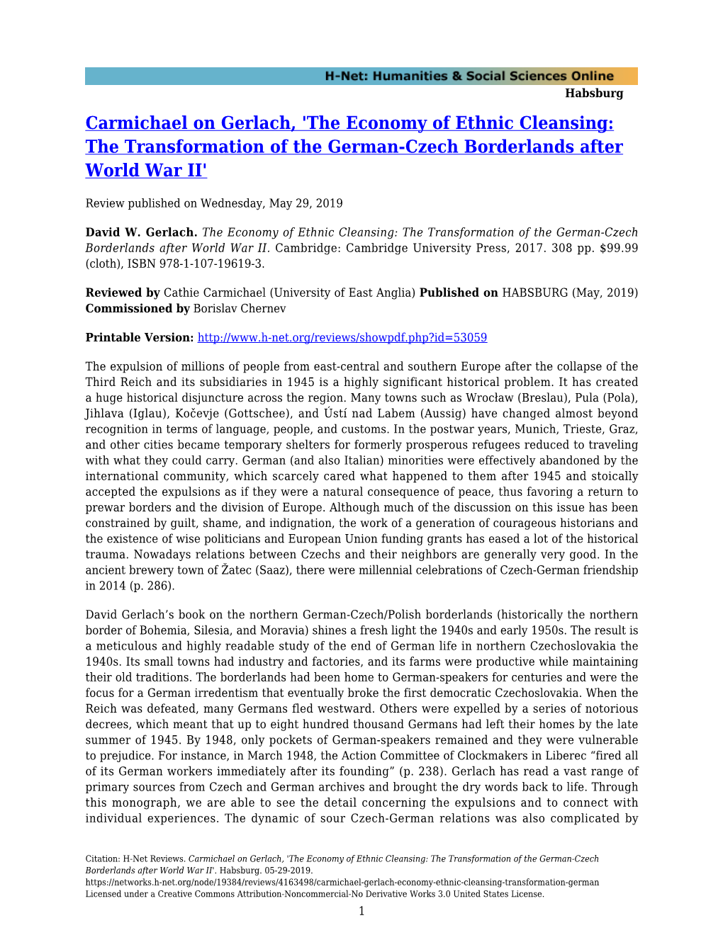 Carmichael on Gerlach, 'The Economy of Ethnic Cleansing: the Transformation of the German-Czech Borderlands After World War II'