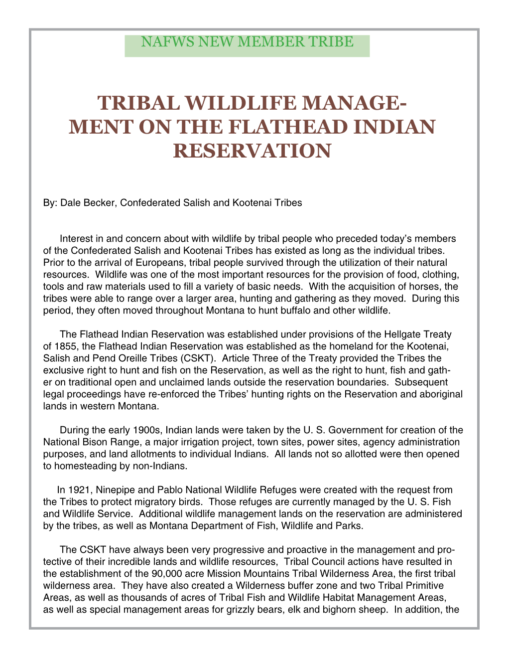 Tribal Wildlife Management on the Flathead Indian Reservation
