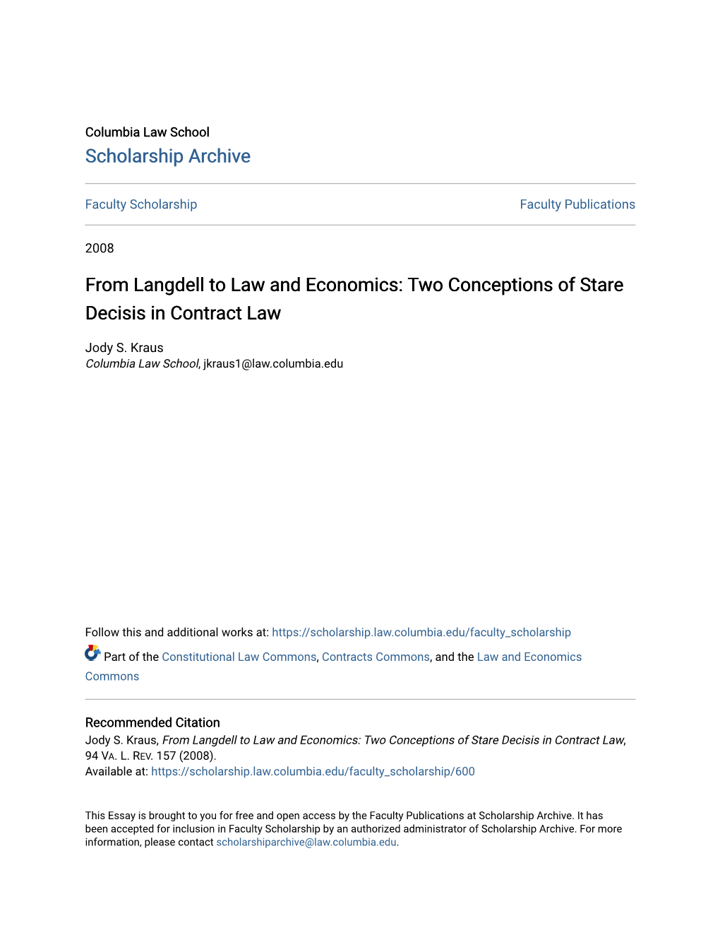 From Langdell to Law and Economics: Two Conceptions of Stare Decisis in Contract Law