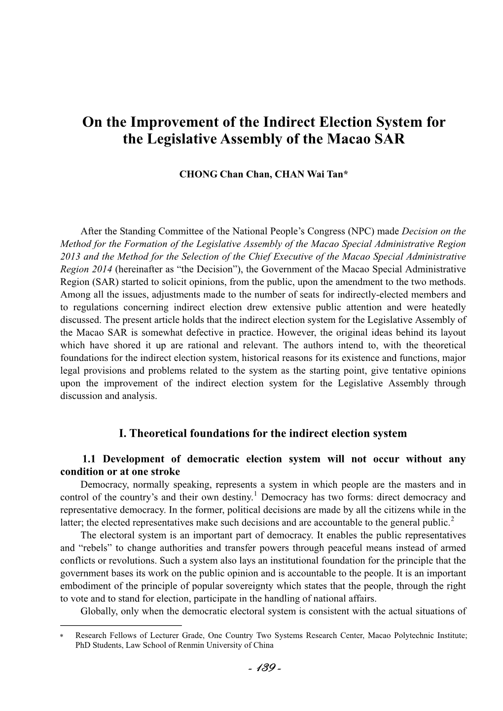On the Improvement of the Indirect Election System for the Legislative Assembly of the Macao SAR