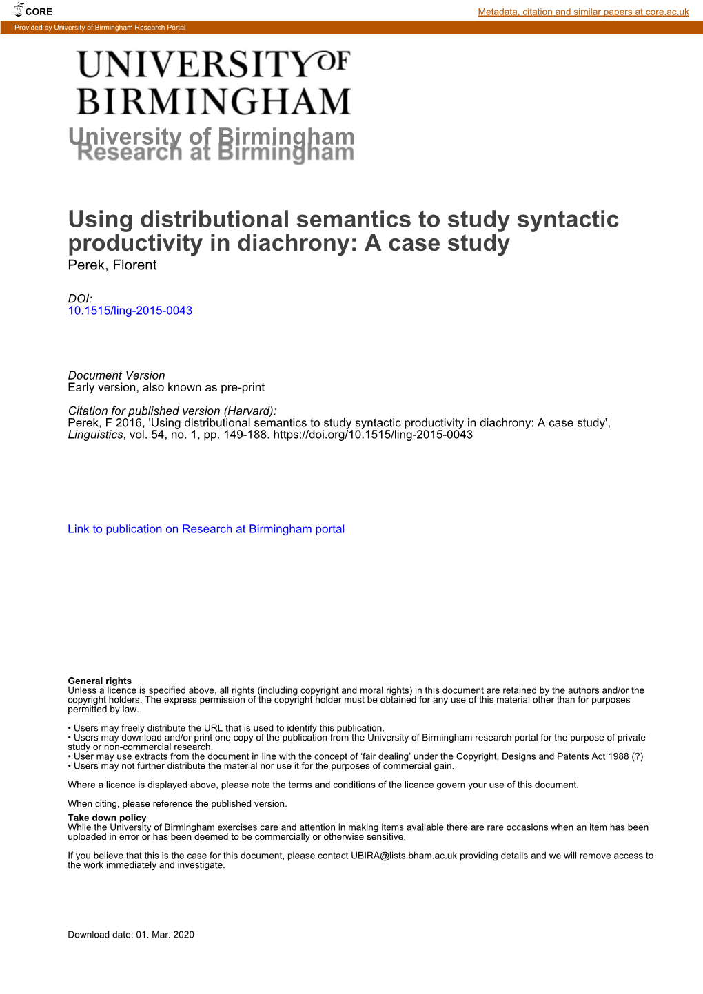 University of Birmingham Using Distributional Semantics to Study Syntactic Productivity in Diachrony