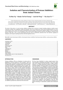 Isolation and Characterization of Protease Inhibitors from Animal Tissues Tzi Bun Ng1* • Randy Chi Fai Cheung1** • Jack Ho Wong1*** • Xiu Juan Ye2,3****