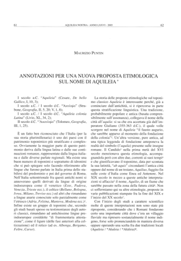 Annotazioni Per Una Nuova Proposta Etimologica Sul Nome Di Aquileia*
