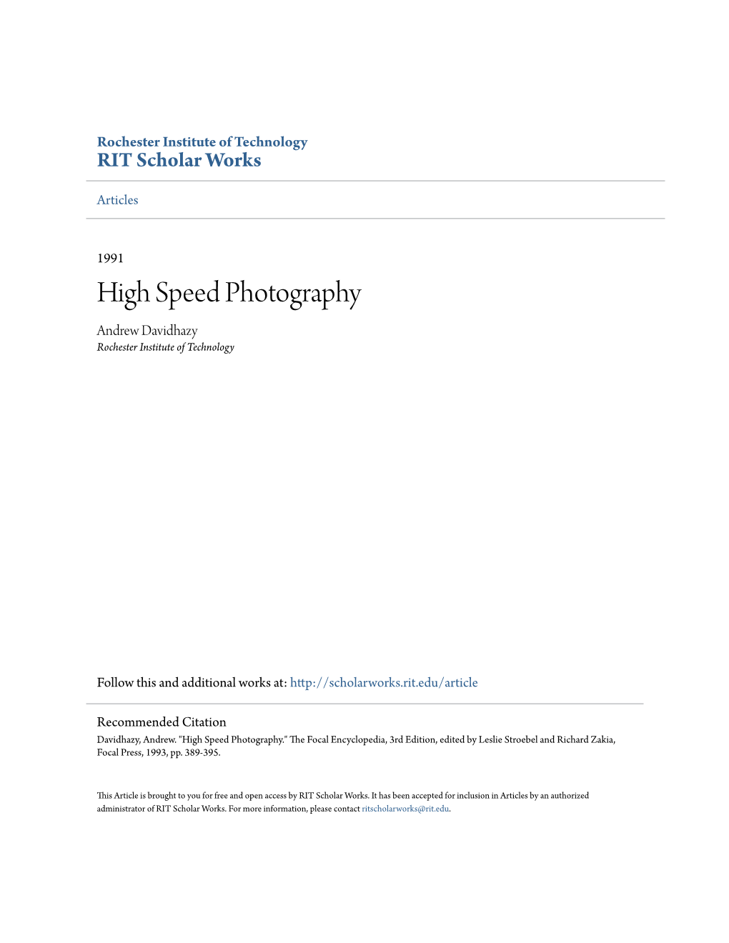 High Speed Photography Andrew Davidhazy Rochester Institute of Technology