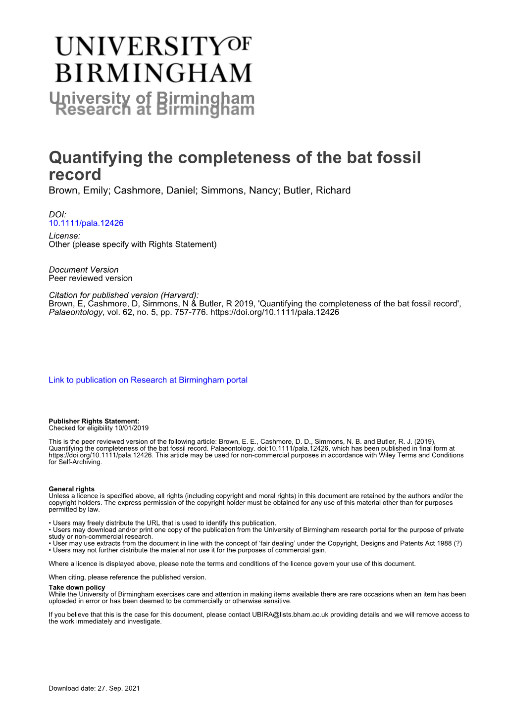 University of Birmingham Quantifying the Completeness of the Bat Fossil