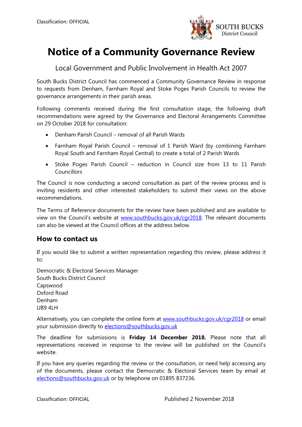 Notice of a Community Governance Review