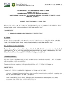 Order Number 01-15-07-21-23 UNITED STATES DEPARTMENT of AGRICULTURE FOREST SERVICE HELENA-LEWIS and CLARK NATIONAL FOREST BELT C