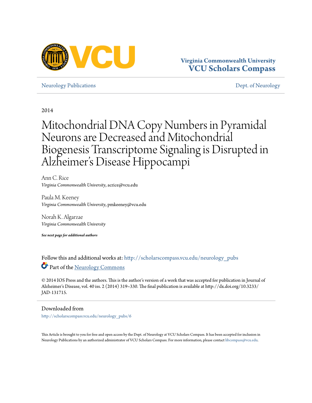 Mitochondrial DNA Copy Numbers in Pyramidal Neurons Are Decreased