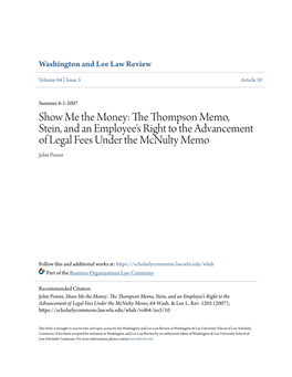 Show Me the Money: the Thompson Memo, Stein, and an Employee's Right to the Advancement of Legal Fees Under the Mcnulty Memo John Power