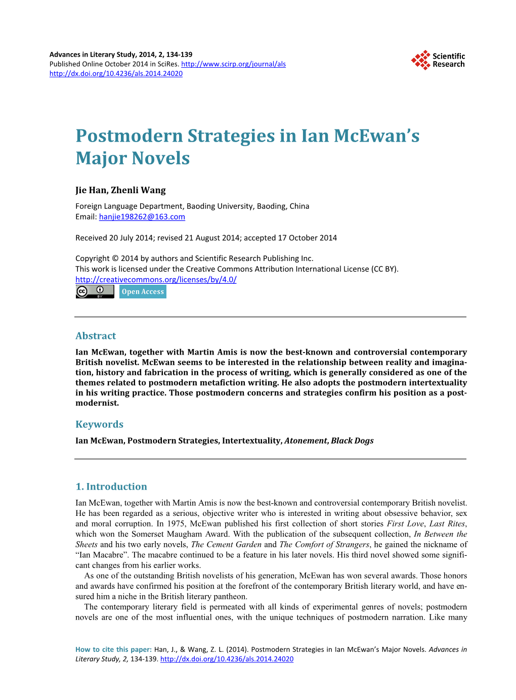 Postmodern Strategies in Ian Mcewan's Major Novels