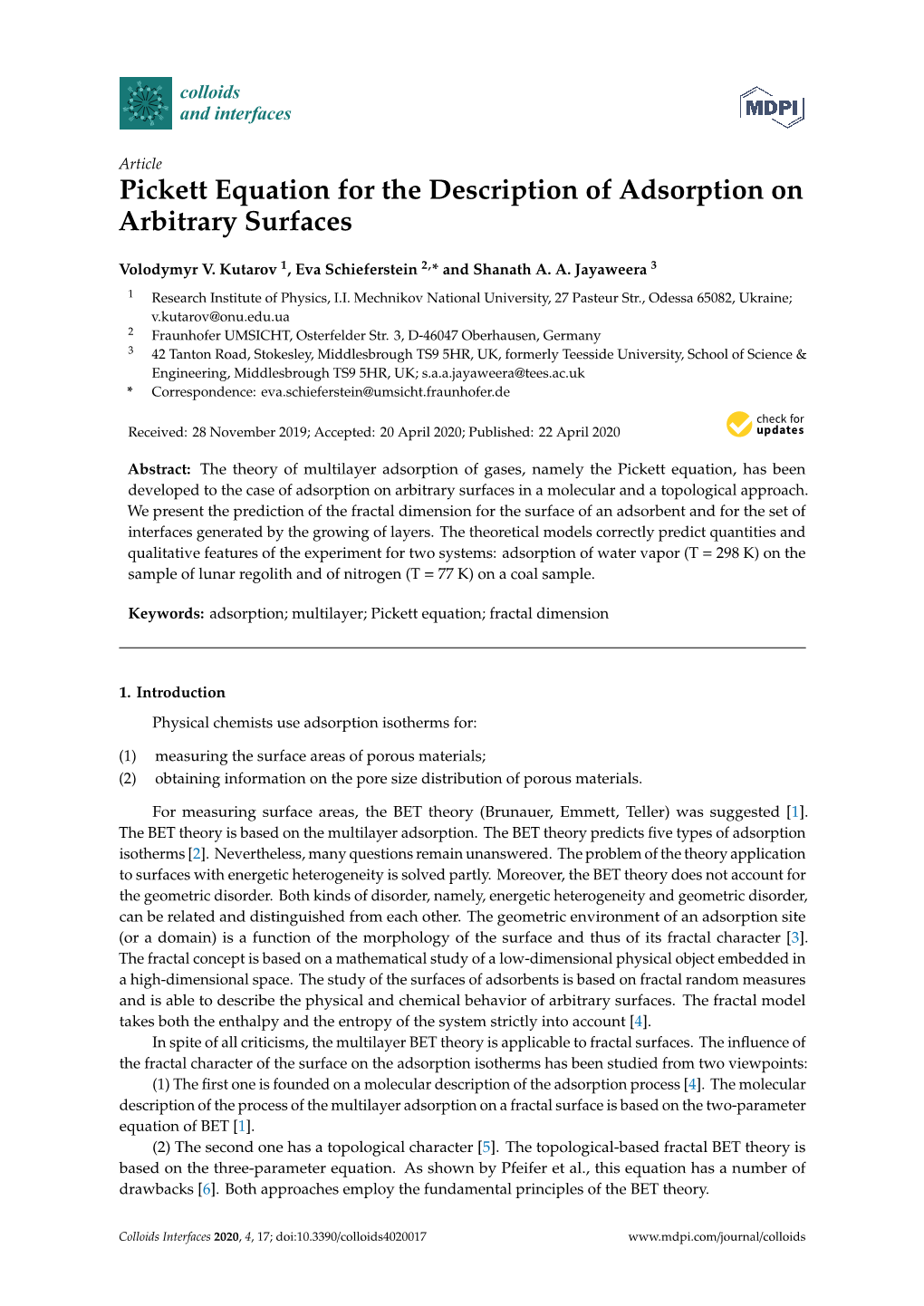 Pickett Equation for the Description of Adsorption on Arbitrary Surfaces