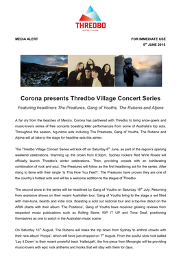 Corona Presents Thredbo Village Concert Series Featuring Headliners the Preatures, Gang of Youths, the Rubens and Alpine