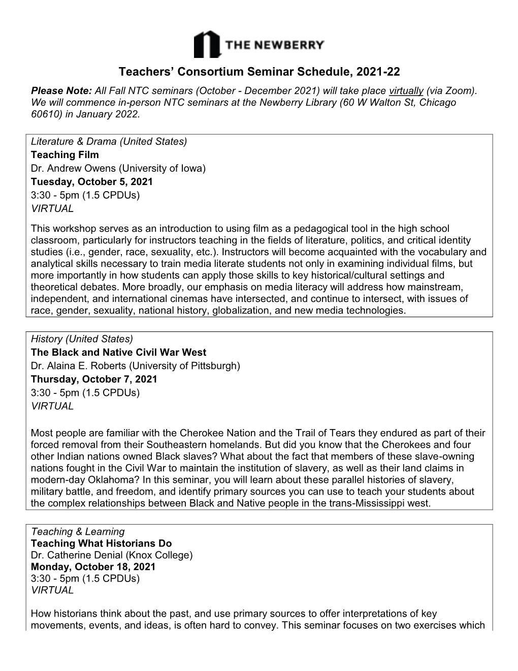 Teachers' Consortium Seminar Schedule, 2021-22