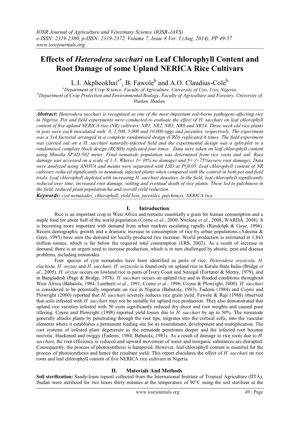 Effects of Heterodera Sacchari on Leaf Chlorophyll Content and Root Damage of Some Upland NERICA Rice Cultivars