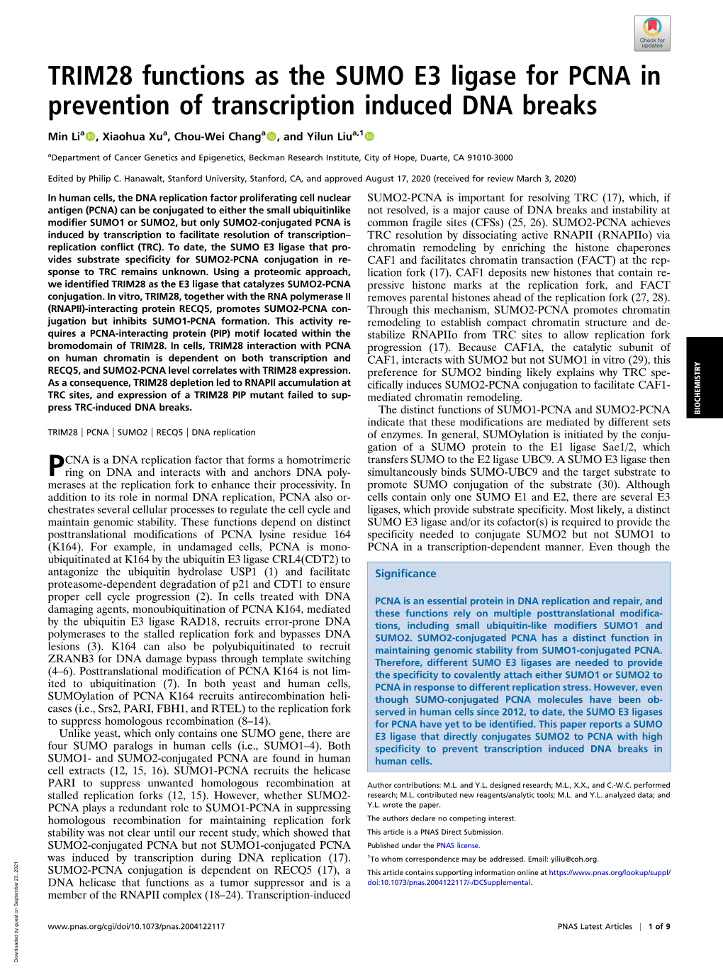 TRIM28 Functions As the SUMO E3 Ligase for PCNA in Prevention of Transcription Induced DNA Breaks