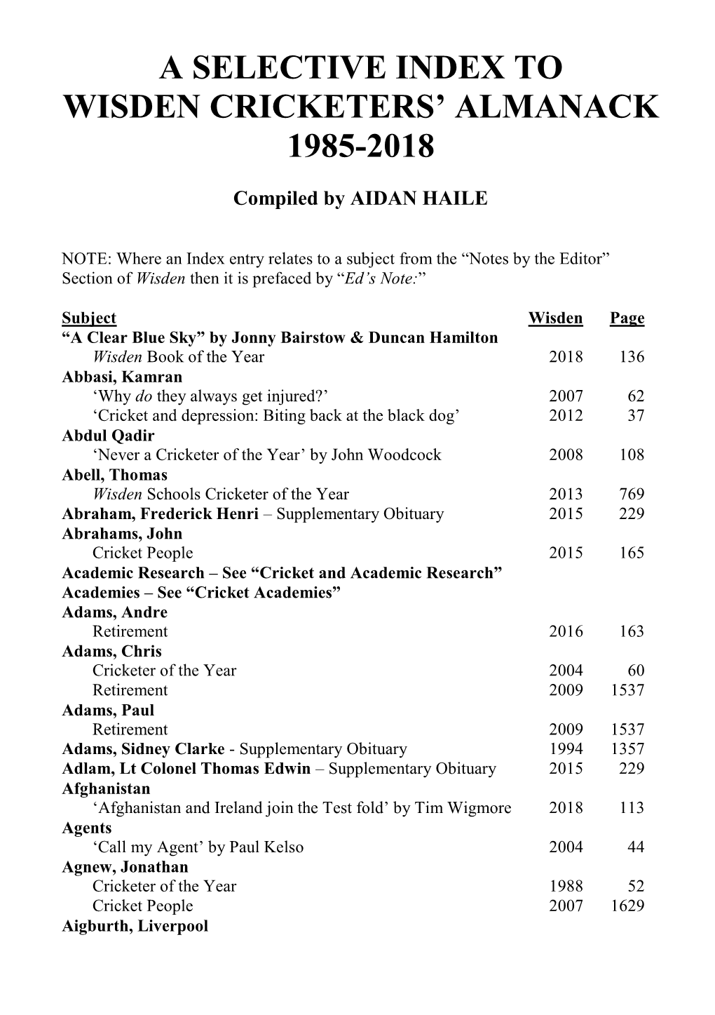 A Selective Index to Wisden Cricketers' Almanack 1985-2018