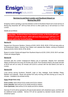 Services to and from London and Southend Airport on Boxing Day 2019 Please Note