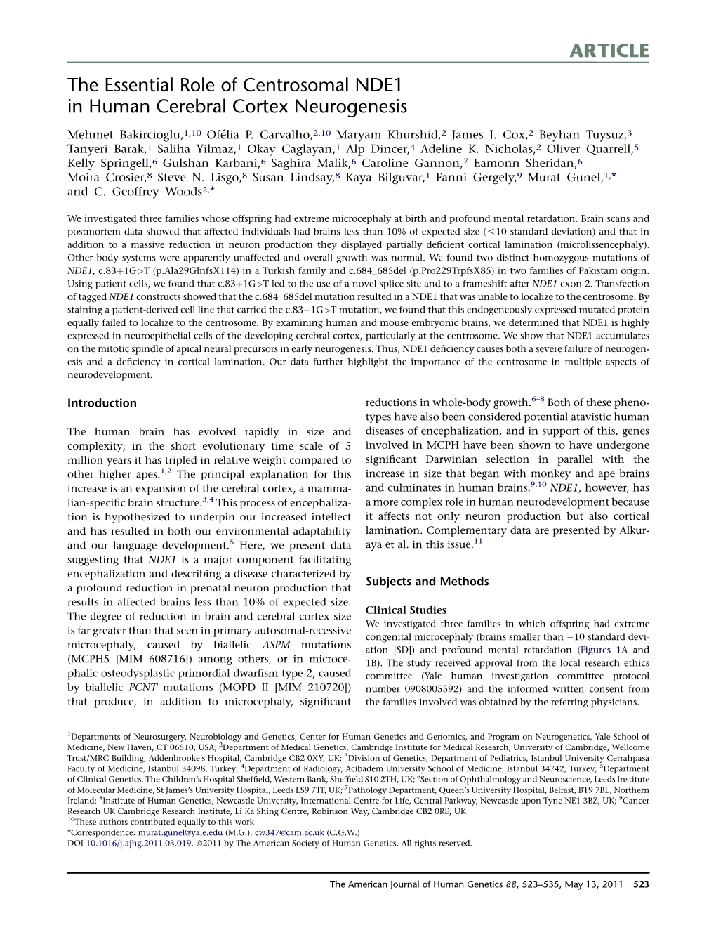 The Essential Role of Centrosomal NDE1 in Human Cerebral Cortex Neurogenesis