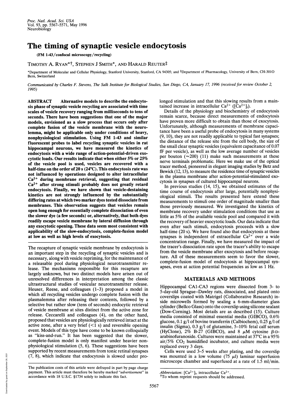 The Timing of Synaptic Vesicle Endocytosis (FM 1-43/Confocal Microscopy/Recycling) TIMOTHY A