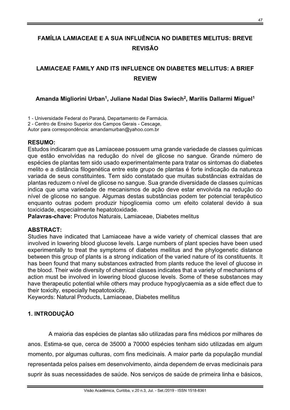 Família Lamiaceae E a Sua Influência No Diabetes Melitus: Breve Revisão